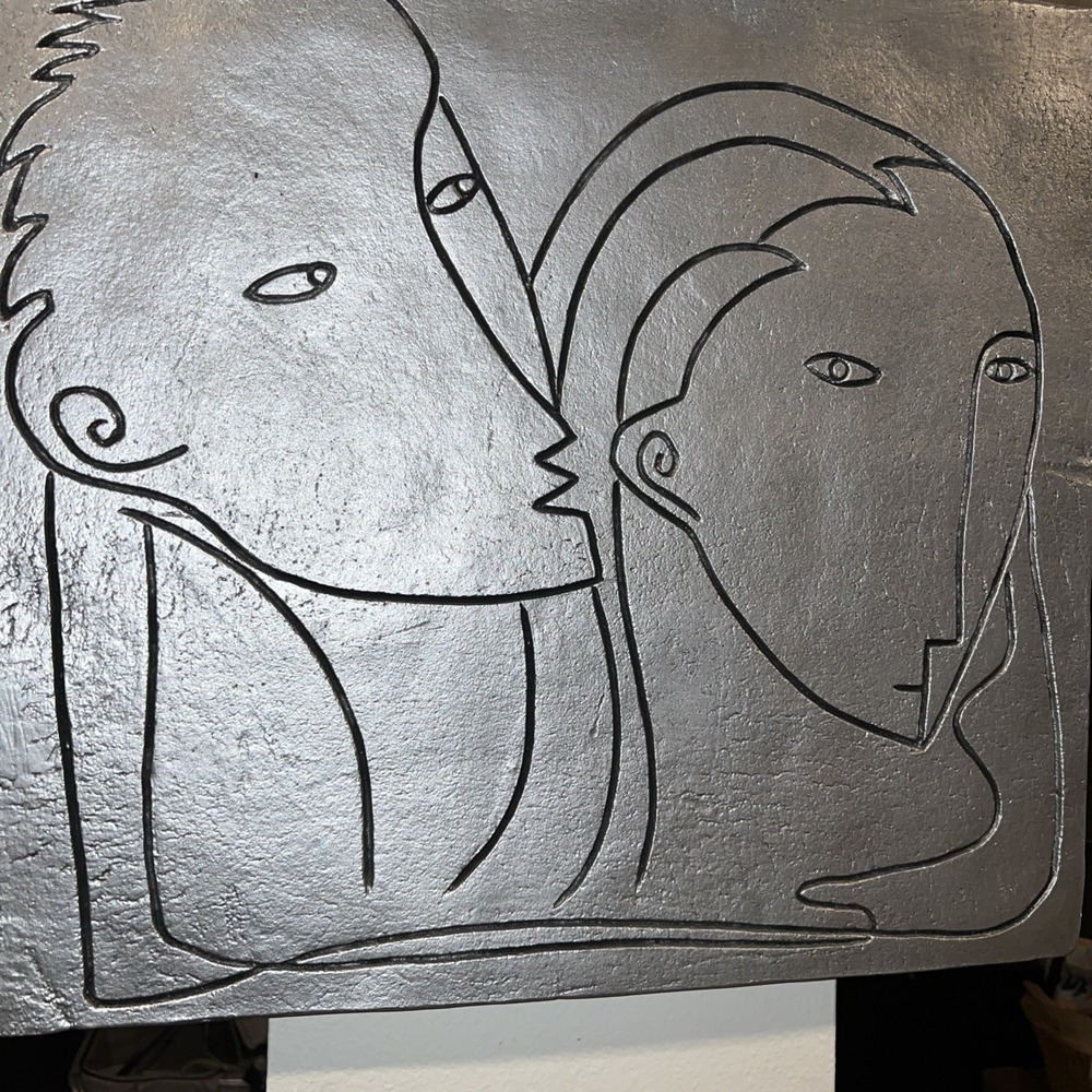 Picasso Style Hand Made Textured Grey Flat Ceramic Wall Sculpture 19.5"H 21.5w